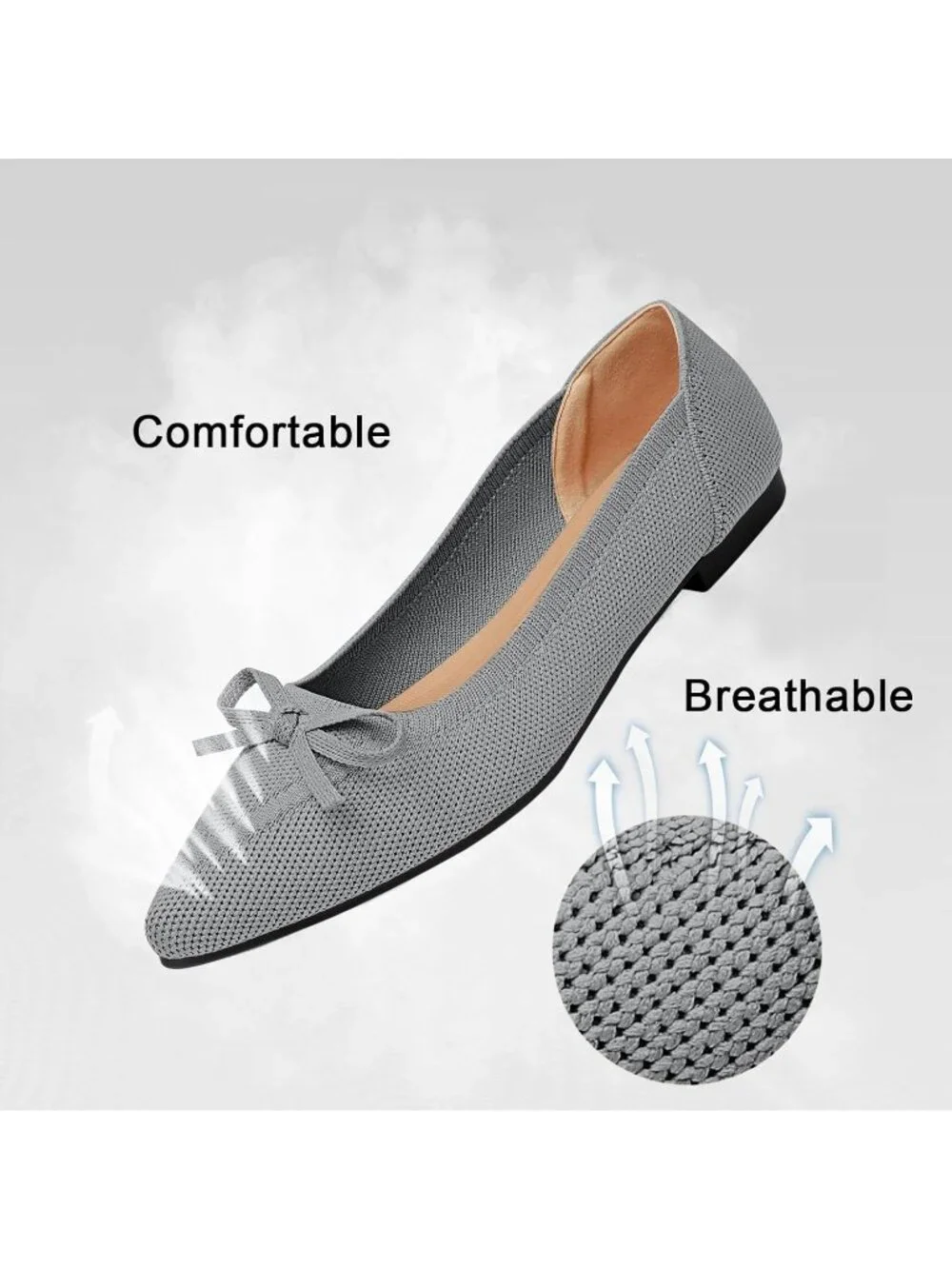Women's Grey Flats Pointed Toe Bow Knit Ballet Shoes Comfortable Dressy Mesh